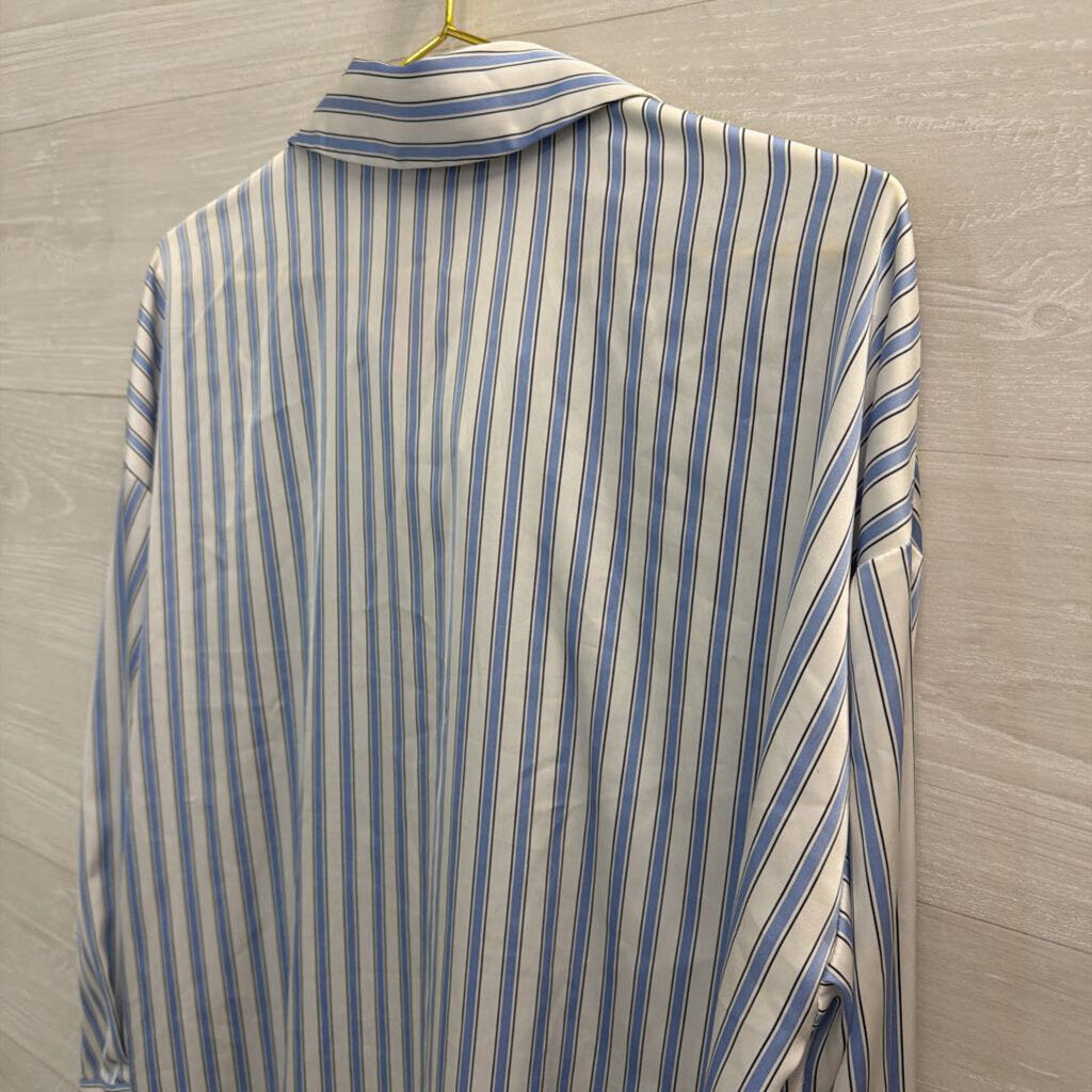 Maison d'Amelie White/ Blue Silky Striped Long Sleeve Button Down Top Large