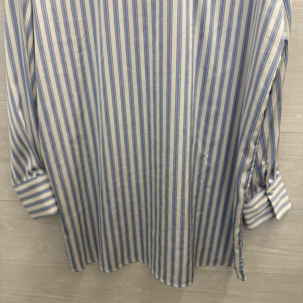 Maison d'Amelie White/ Blue Silky Striped Long Sleeve Button Down Top Large