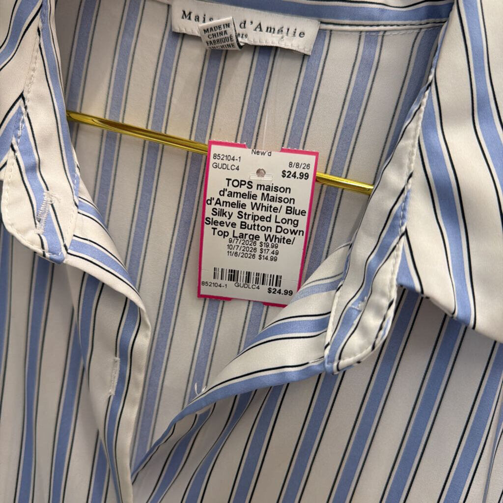 Maison d'Amelie White/ Blue Silky Striped Long Sleeve Button Down Top Large