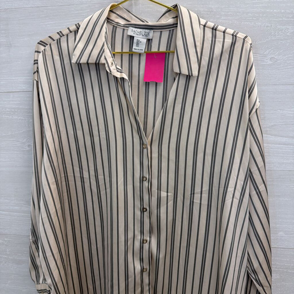 Rachel Zoe Cream/ Grey Silky Striped Long Sleeve Button Down Top Large
