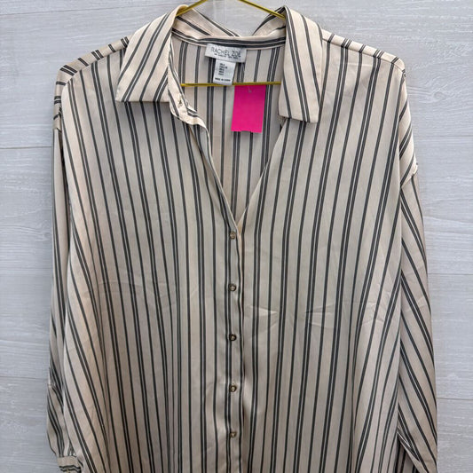 Rachel Zoe Cream/ Grey Silky Striped Long Sleeve Button Down Top Large