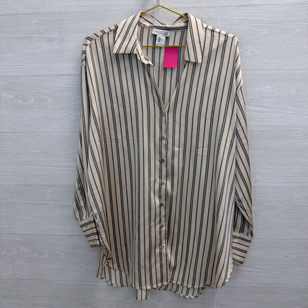 Rachel Zoe Cream/ Grey Silky Striped Long Sleeve Button Down Top Large