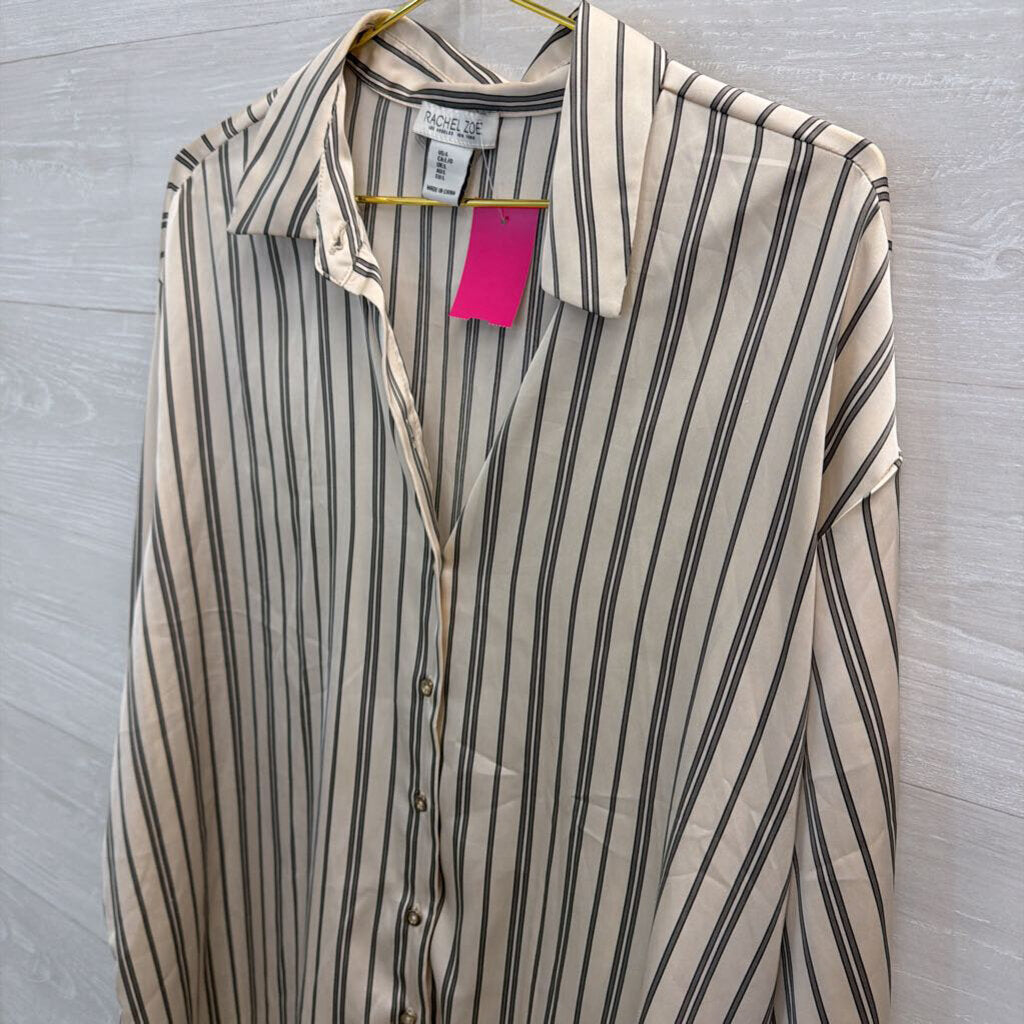 Rachel Zoe Cream/ Grey Silky Striped Long Sleeve Button Down Top Large