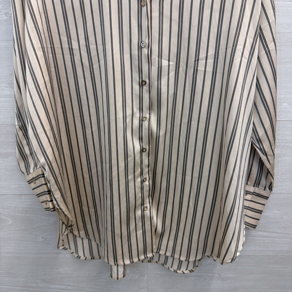 Rachel Zoe Cream/ Grey Silky Striped Long Sleeve Button Down Top Large