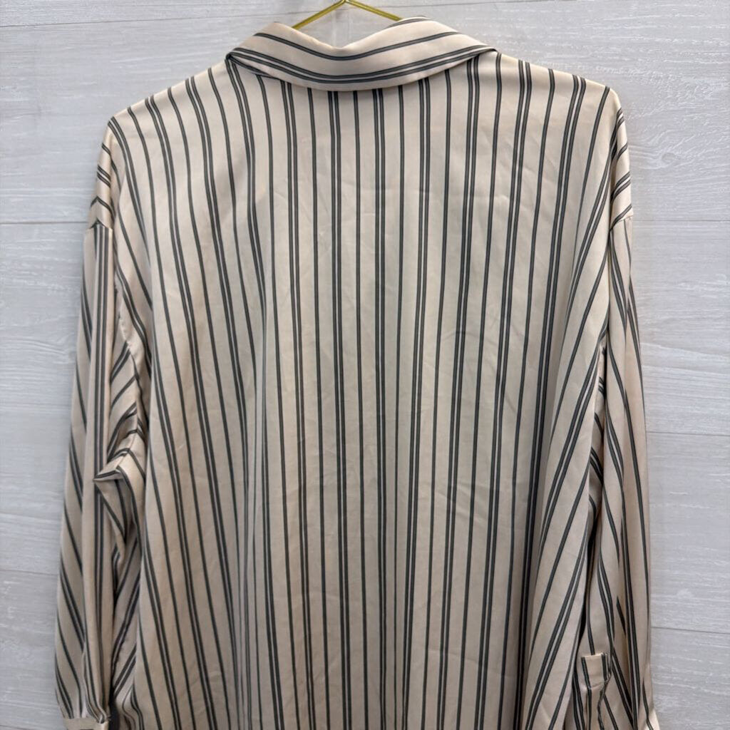 Rachel Zoe Cream/ Grey Silky Striped Long Sleeve Button Down Top Large