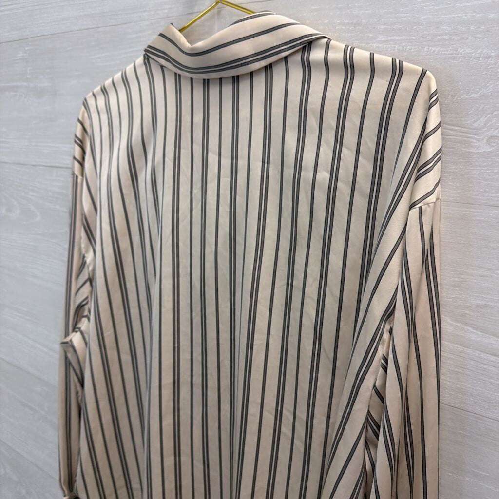 Rachel Zoe Cream/ Grey Silky Striped Long Sleeve Button Down Top Large