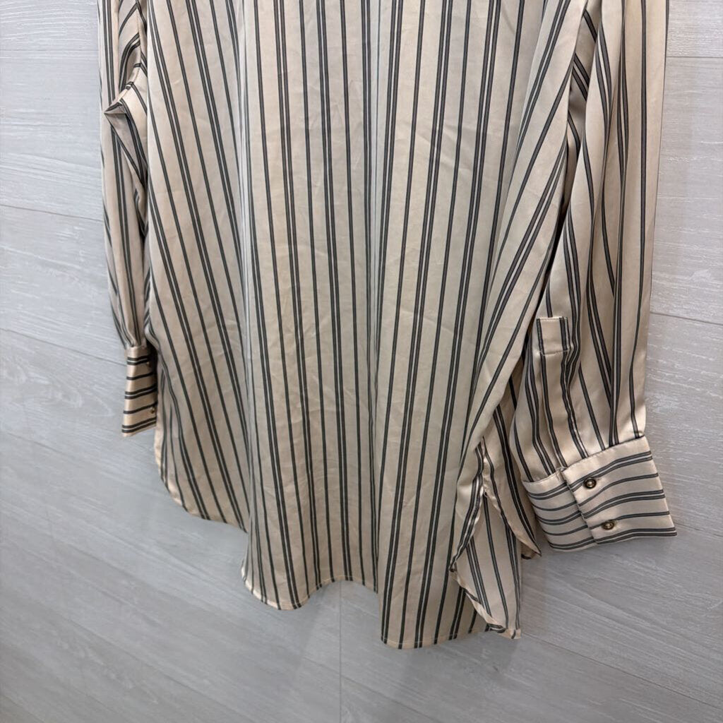 Rachel Zoe Cream/ Grey Silky Striped Long Sleeve Button Down Top Large