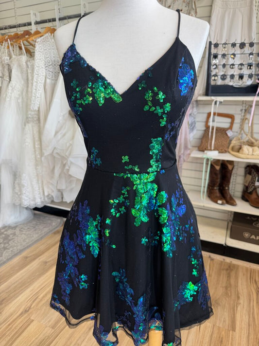 City Studio Black/ Multi Sequin Print Short Formal Dress 9/10