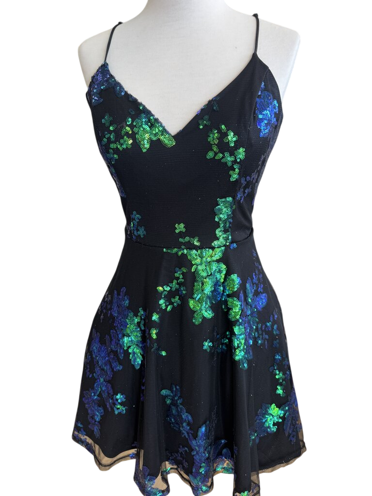 City Studio Black/ Multi Sequin Print Short Formal Dress 9/10