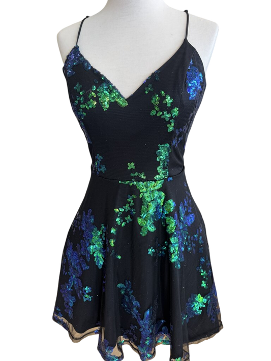 City Studio Black/ Multi Sequin Print Short Formal Dress 9/10