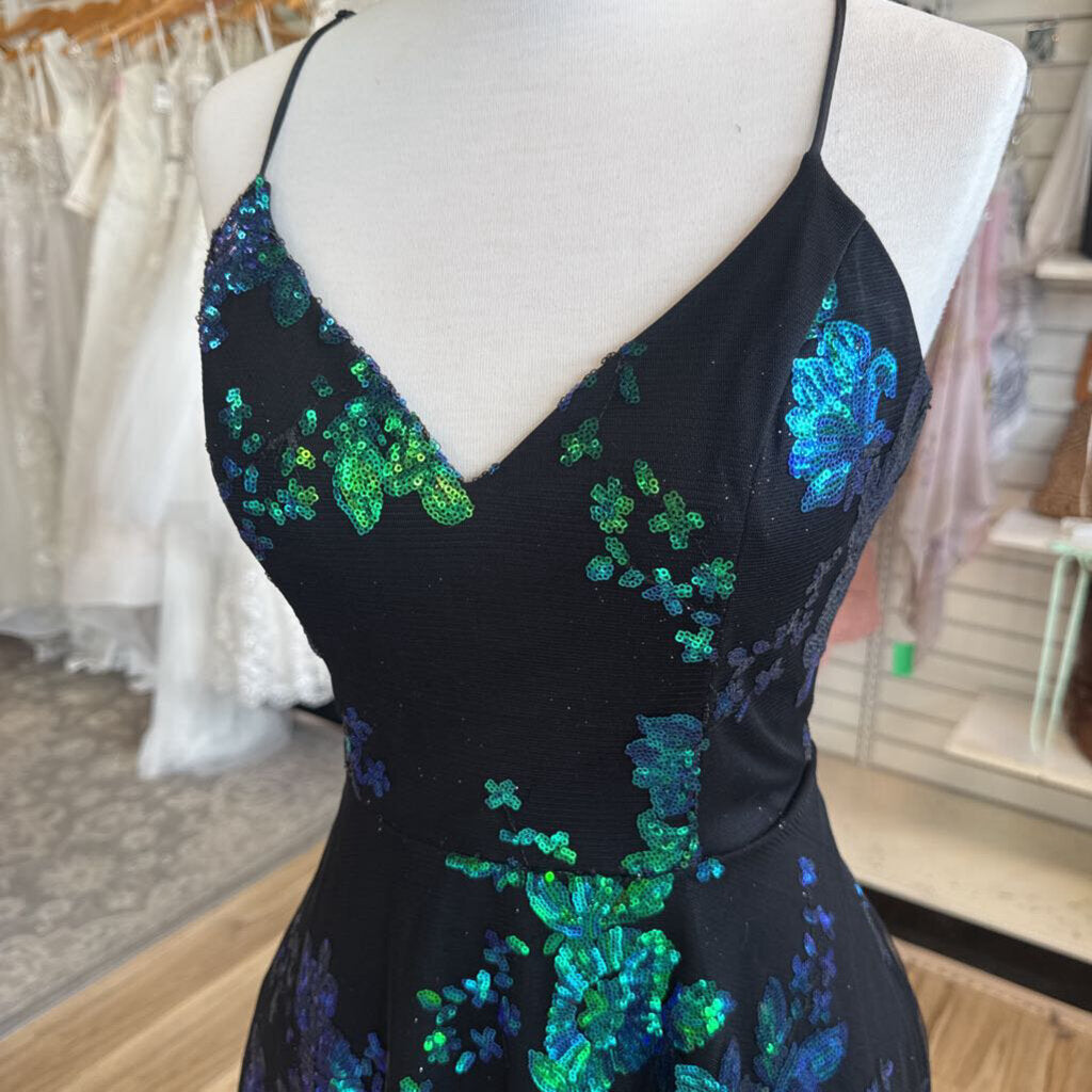 City Studio Black/ Multi Sequin Print Short Formal Dress 9/10