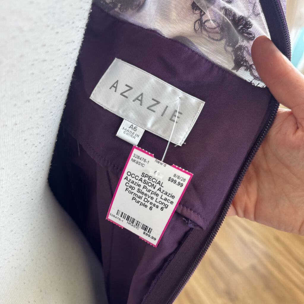 Azazie Purple Lace Cap Sleeve Long Formal Dress 6