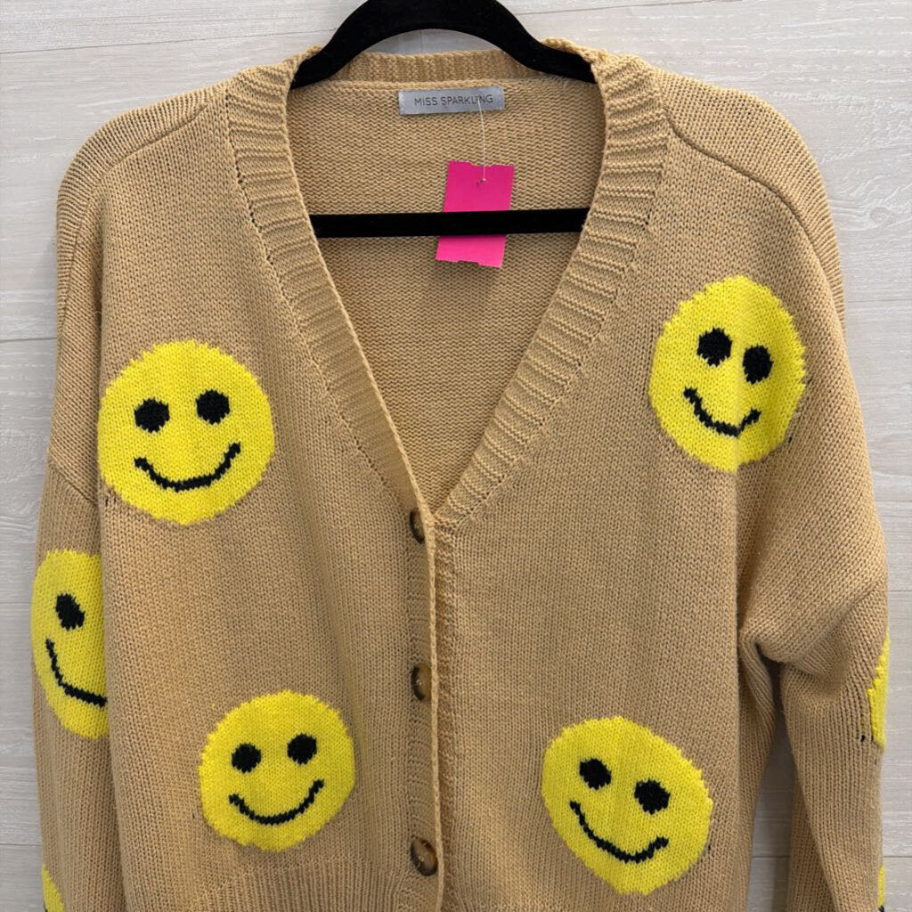 Miss Sparkling Beige/ Yellow Knit Smiley Face Cardigan Medium