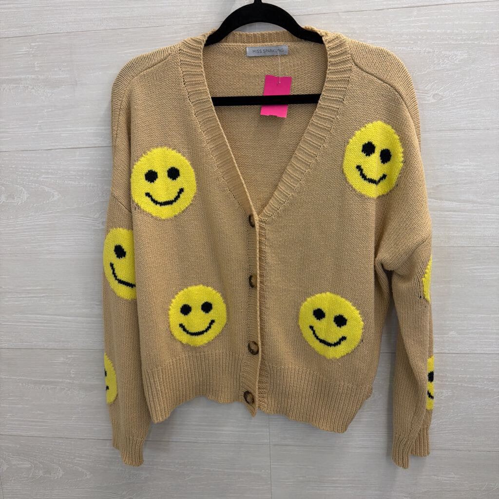Miss Sparkling Beige/ Yellow Knit Smiley Face Cardigan Medium