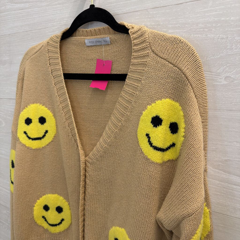 Miss Sparkling Beige/ Yellow Knit Smiley Face Cardigan Medium