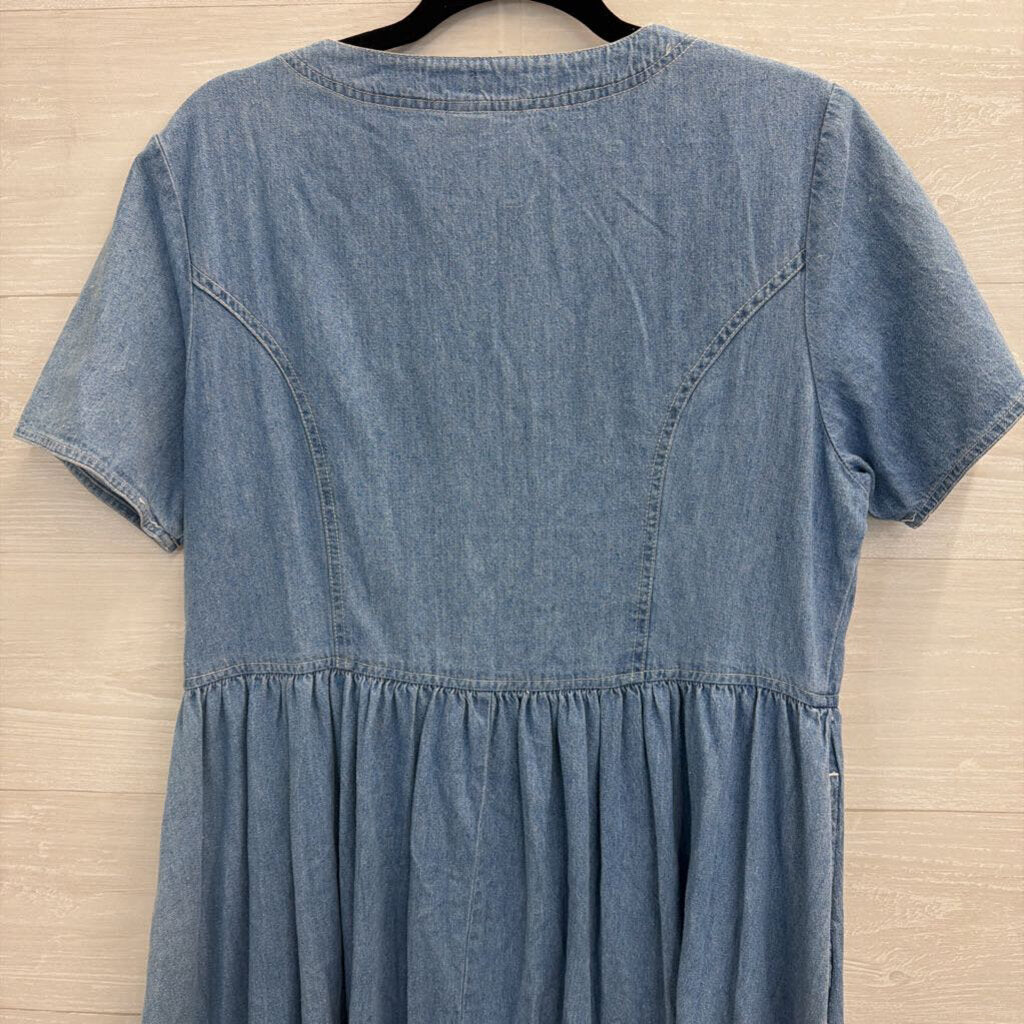 Vintage Fads Blue Chambray Short Sleeve Button Front Maxi Dress Medium