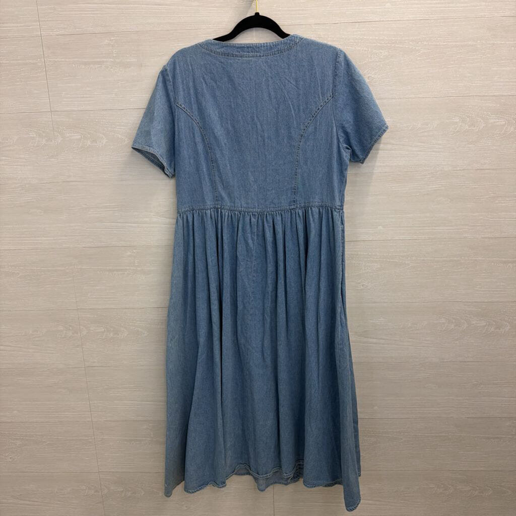 Vintage Fads Blue Chambray Short Sleeve Button Front Maxi Dress Medium