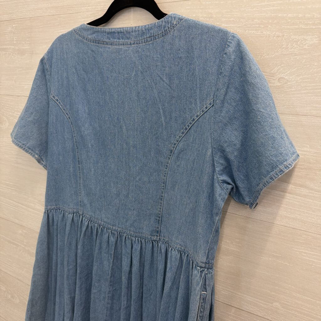 Vintage Fads Blue Chambray Short Sleeve Button Front Maxi Dress Medium