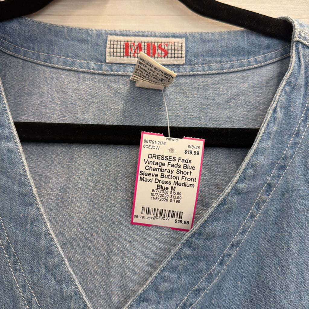 Vintage Fads Blue Chambray Short Sleeve Button Front Maxi Dress Medium