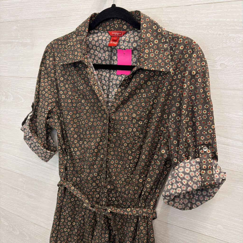 Sundance Green Print Long Sleeve Belted Waist Midi Dress 14