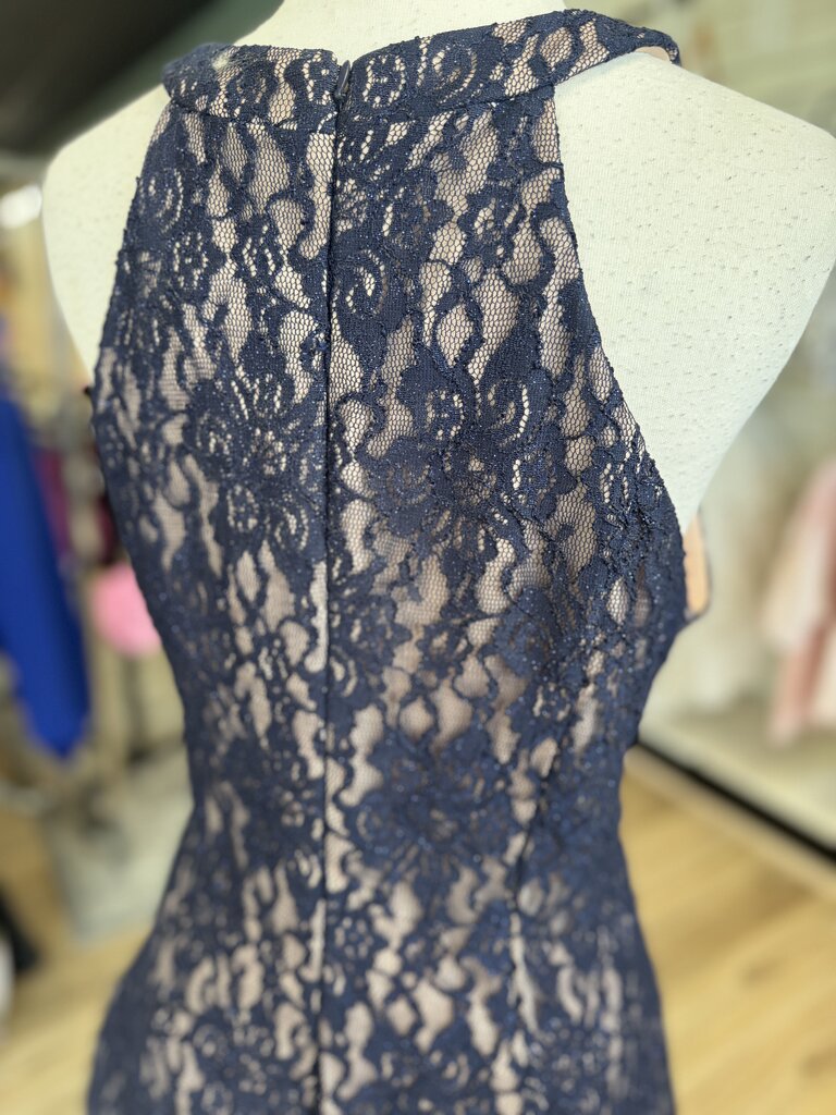Nightway Navy/ Beige Lace High Neck Short Formal Dress14