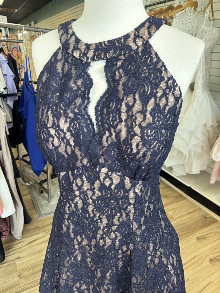 Nightway Navy/ Beige Lace High Neck Short Formal Dress14