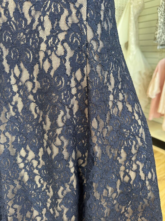Nightway Navy/ Beige Lace High Neck Short Formal Dress14