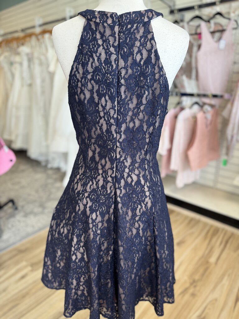 Nightway Navy/ Beige Lace High Neck Short Formal Dress14