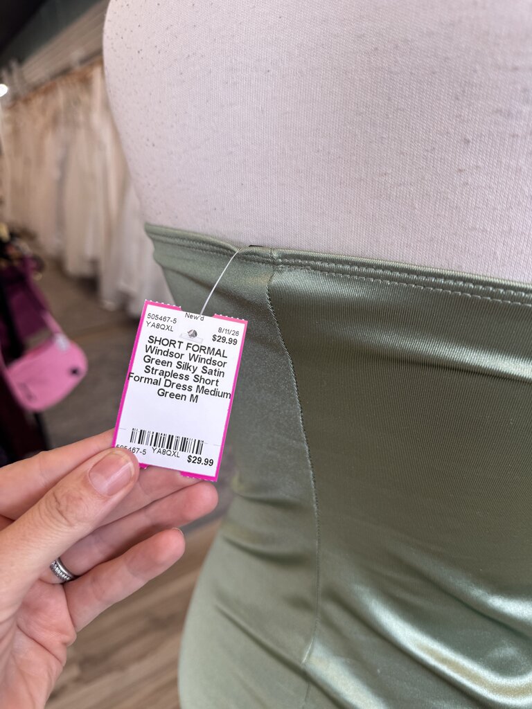 Windsor Green Silky Satin Strapless Short Formal Dress Medium