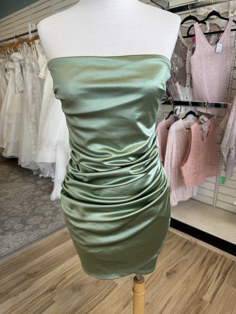 Windsor Green Silky Satin Strapless Short Formal Dress Medium