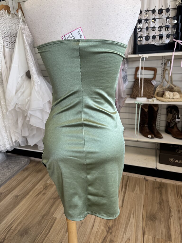 Windsor Green Silky Satin Strapless Short Formal Dress Medium