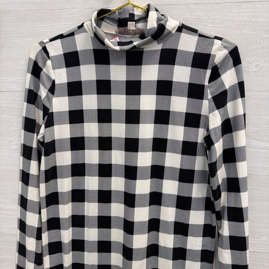 Loft Black/ White Gingham Long Sleeve Mock Neck Top Medium