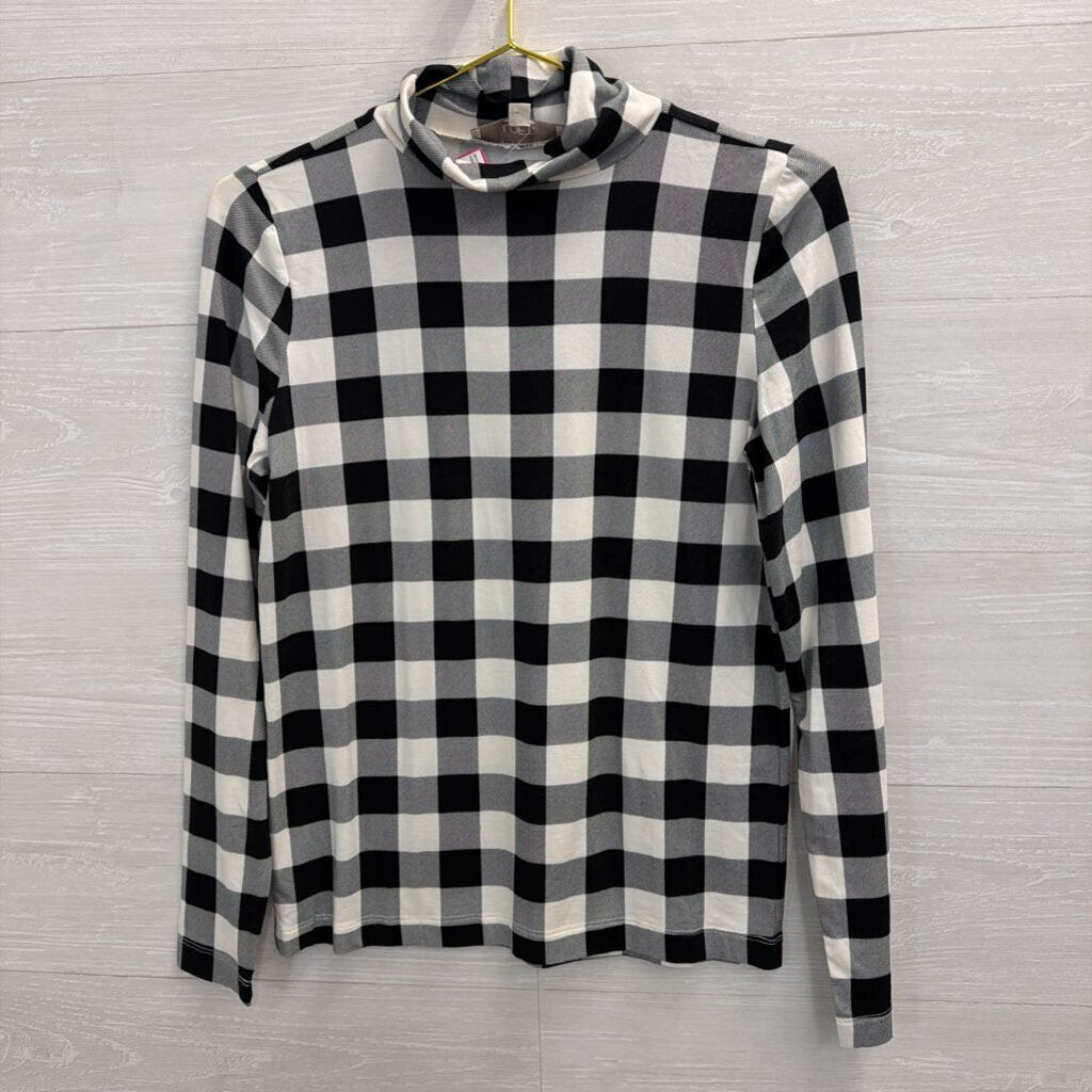 Loft Black/ White Gingham Long Sleeve Mock Neck Top Medium