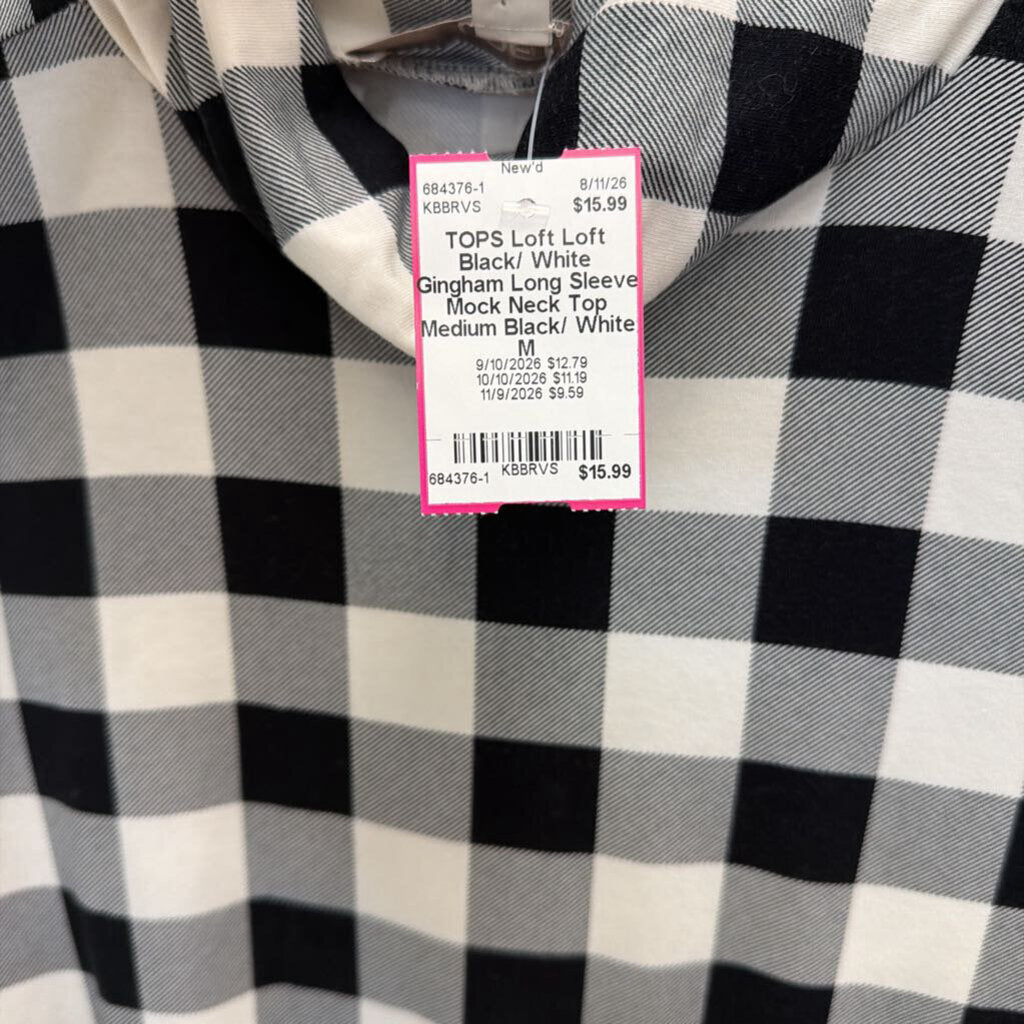 Loft Black/ White Gingham Long Sleeve Mock Neck Top Medium