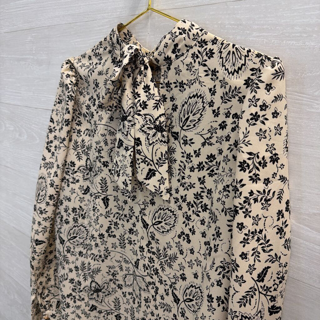 Beige/ Black Print Long Sleeve Top Medium