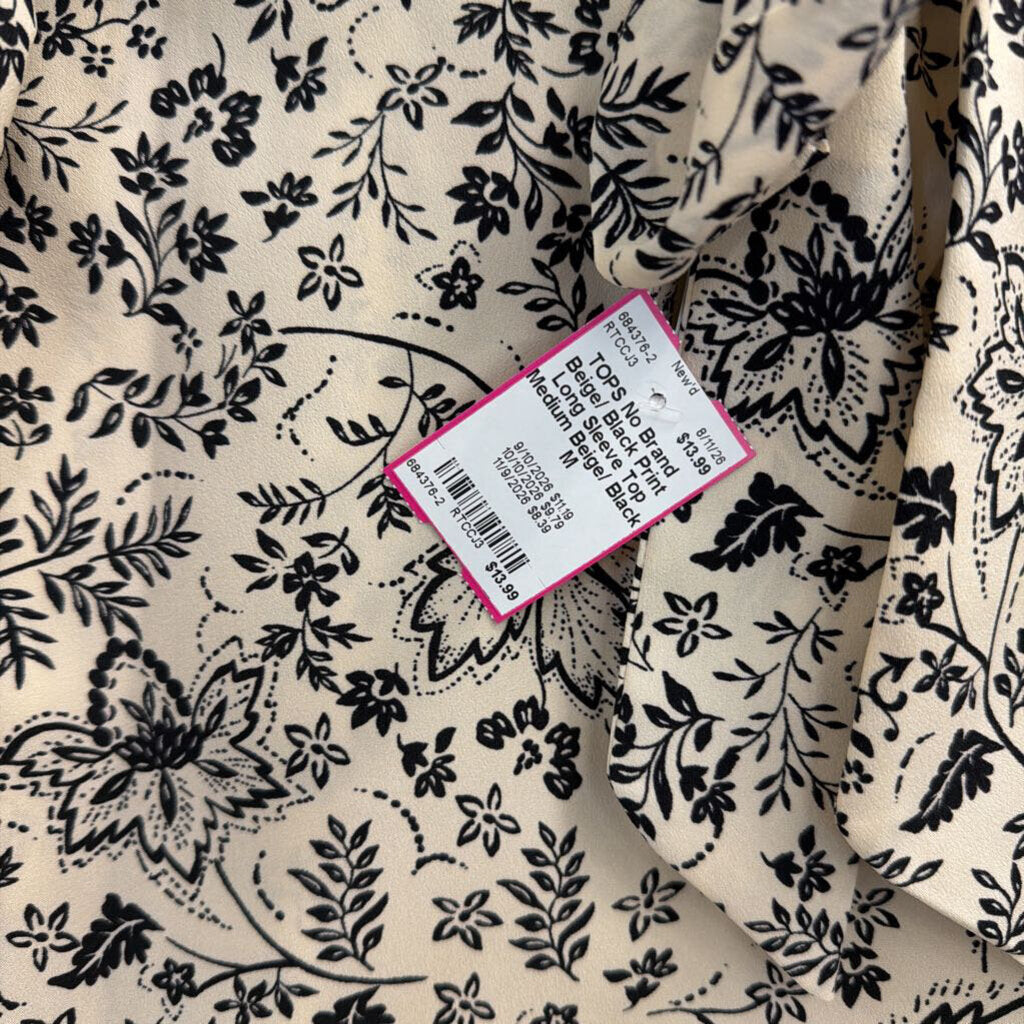 Beige/ Black Print Long Sleeve Top Medium