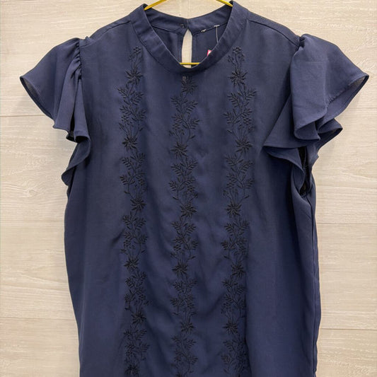 Navy Embroidered Print Short Sleeve Top Small