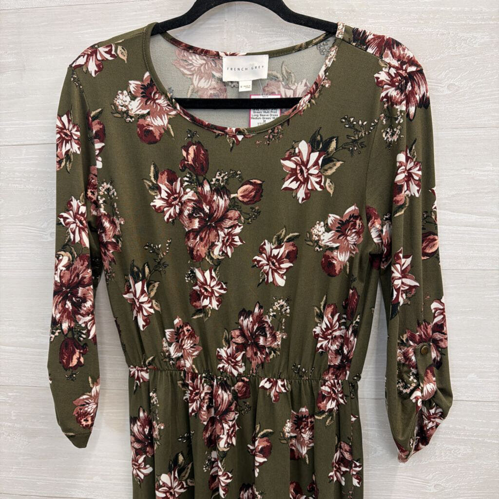 French Grey Green/ Multi Print Long Sleeve Dress Medium