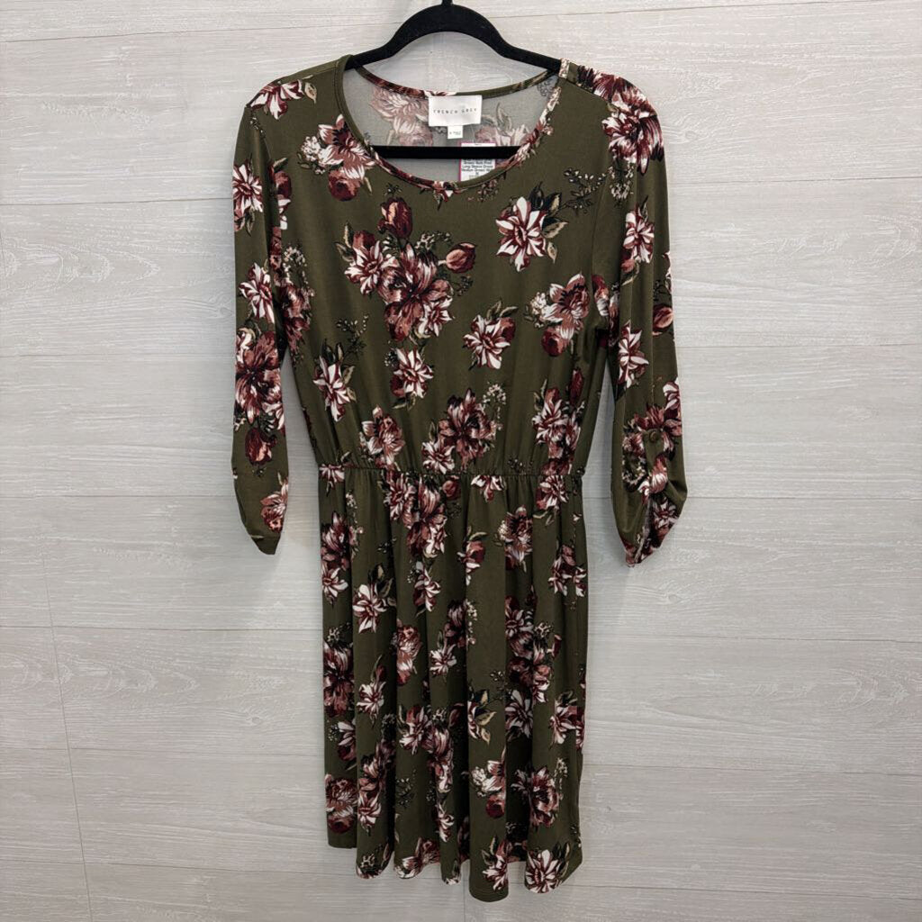 French Grey Green/ Multi Print Long Sleeve Dress Medium