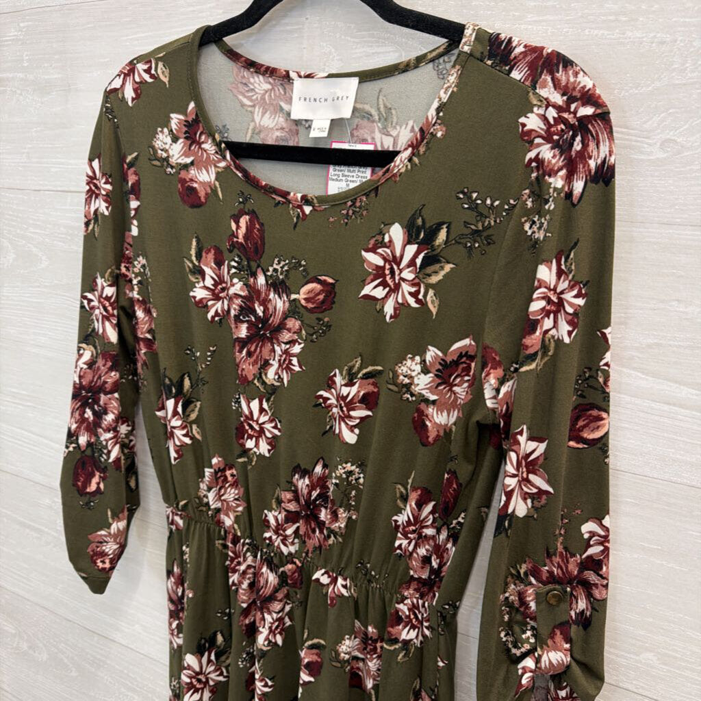 French Grey Green/ Multi Print Long Sleeve Dress Medium