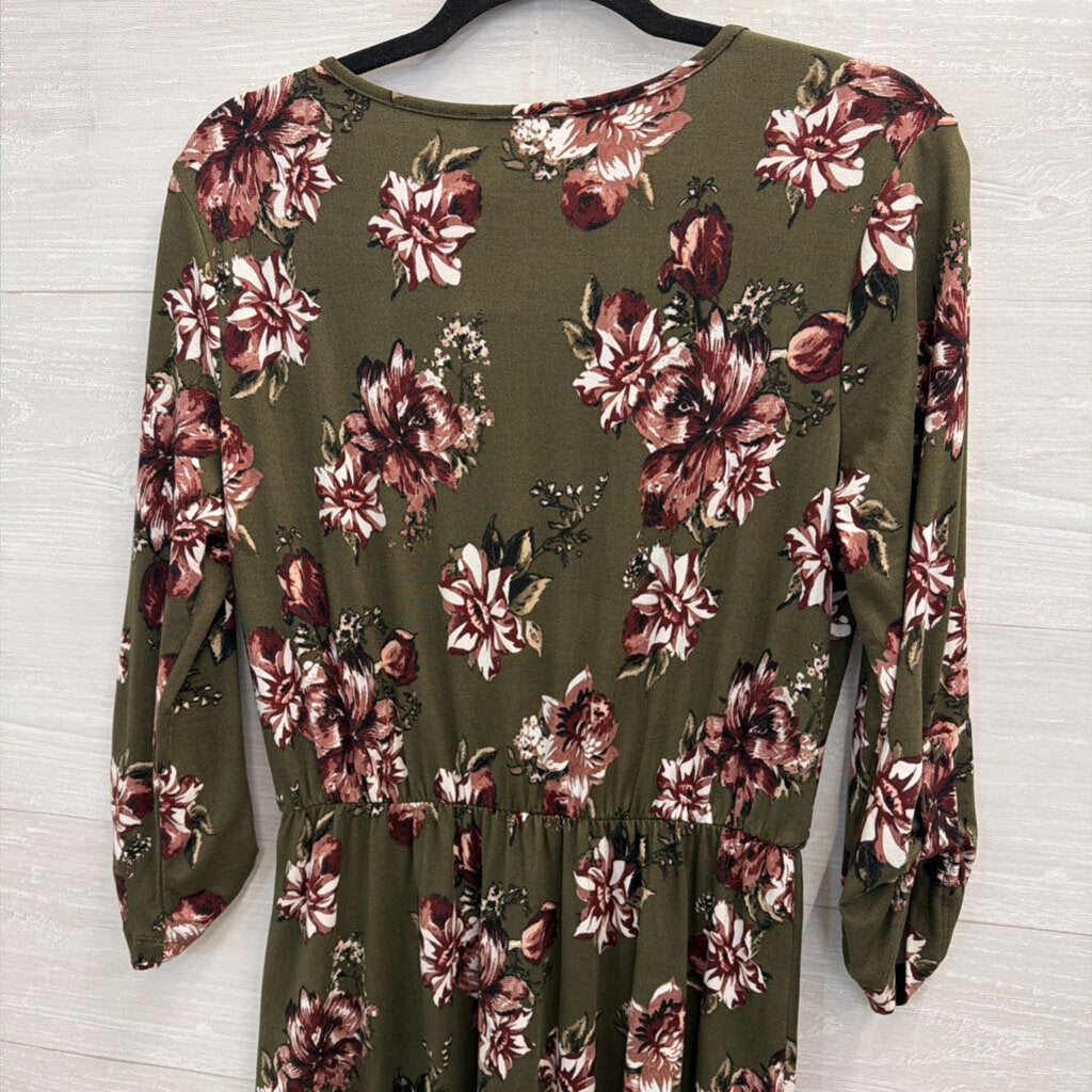 French Grey Green/ Multi Print Long Sleeve Dress Medium