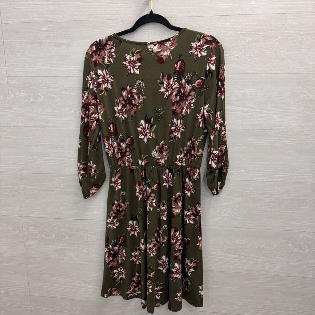 French Grey Green/ Multi Print Long Sleeve Dress Medium