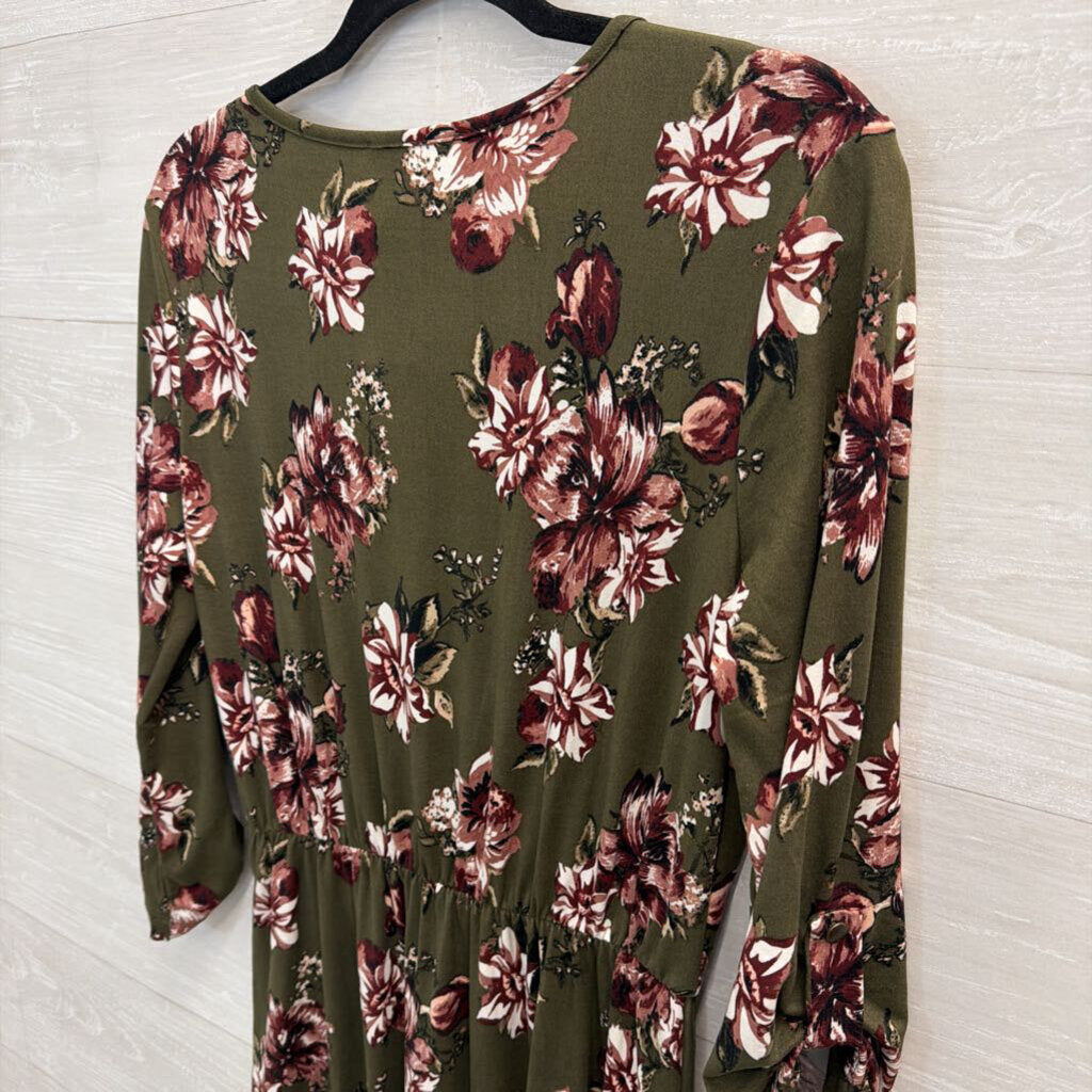 French Grey Green/ Multi Print Long Sleeve Dress Medium