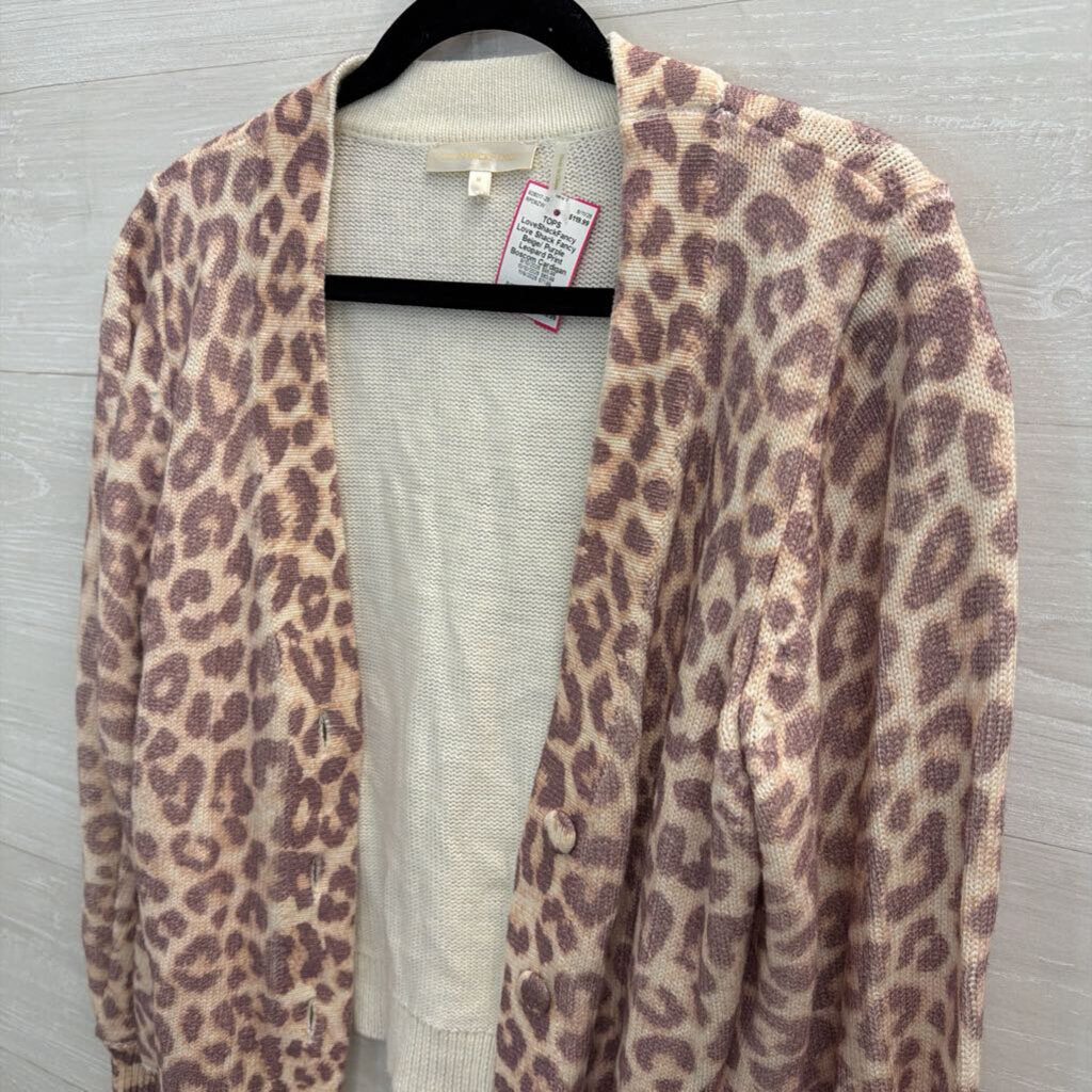 Love Shack Fancy Beige/ Purple Leopard Print Boscom Cardigan Medium