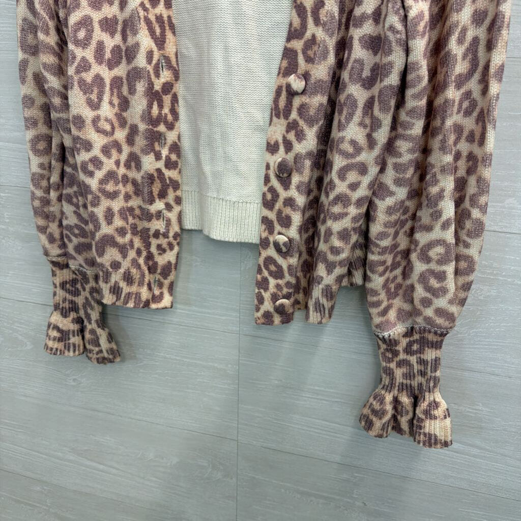Love Shack Fancy Beige/ Purple Leopard Print Boscom Cardigan Medium