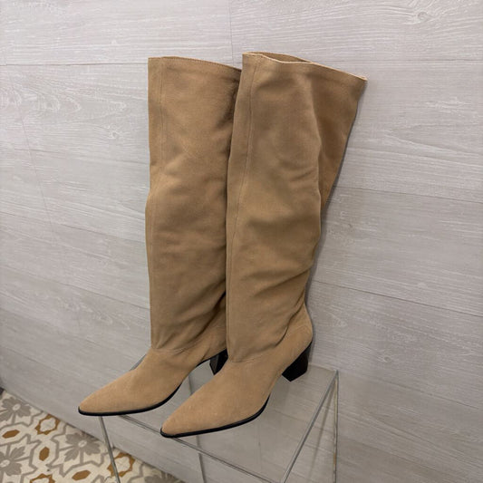 Zara Sand Beige Split Suede Leather Knee High Boots 42
