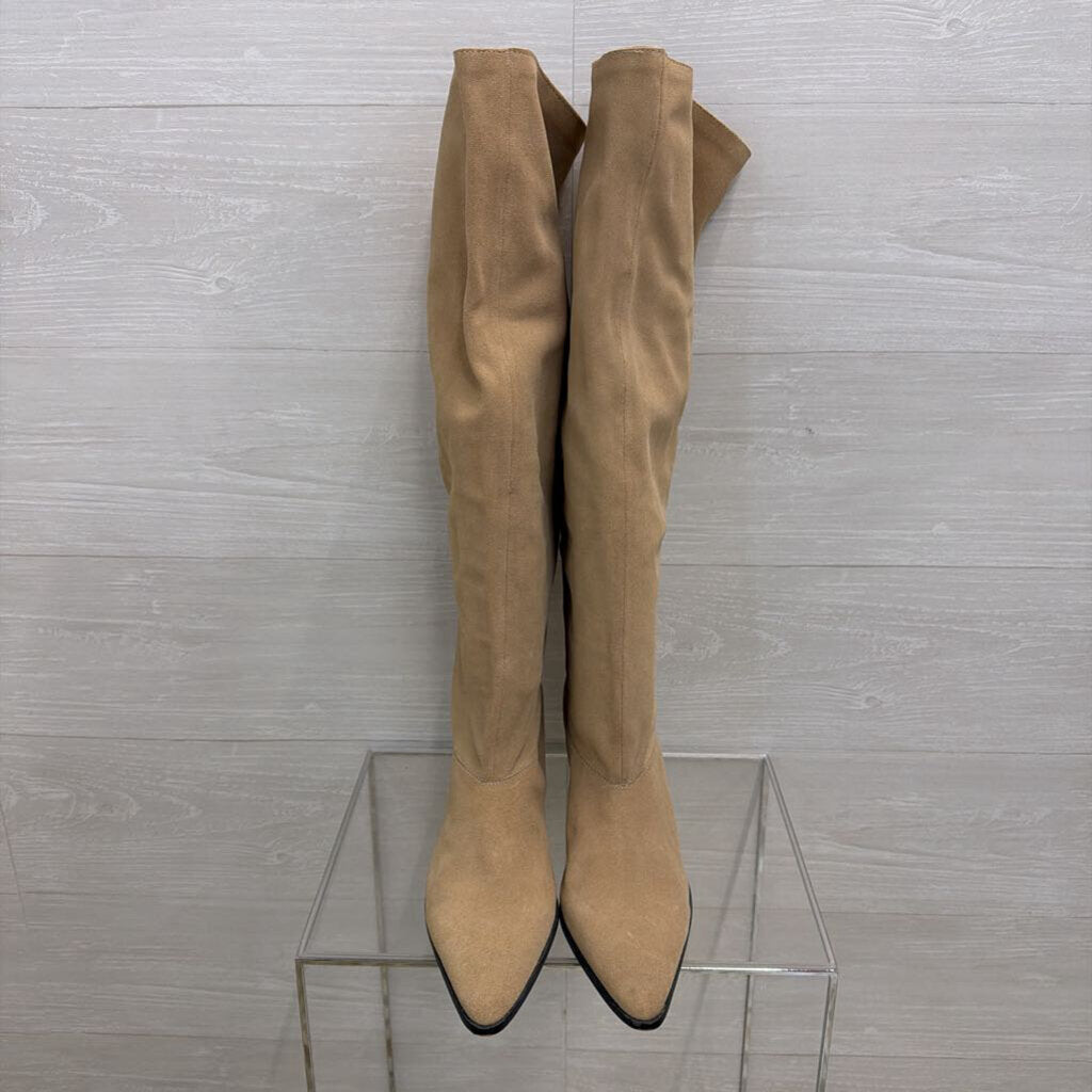 Zara Sand Beige Split Suede Leather Knee High Boots 42