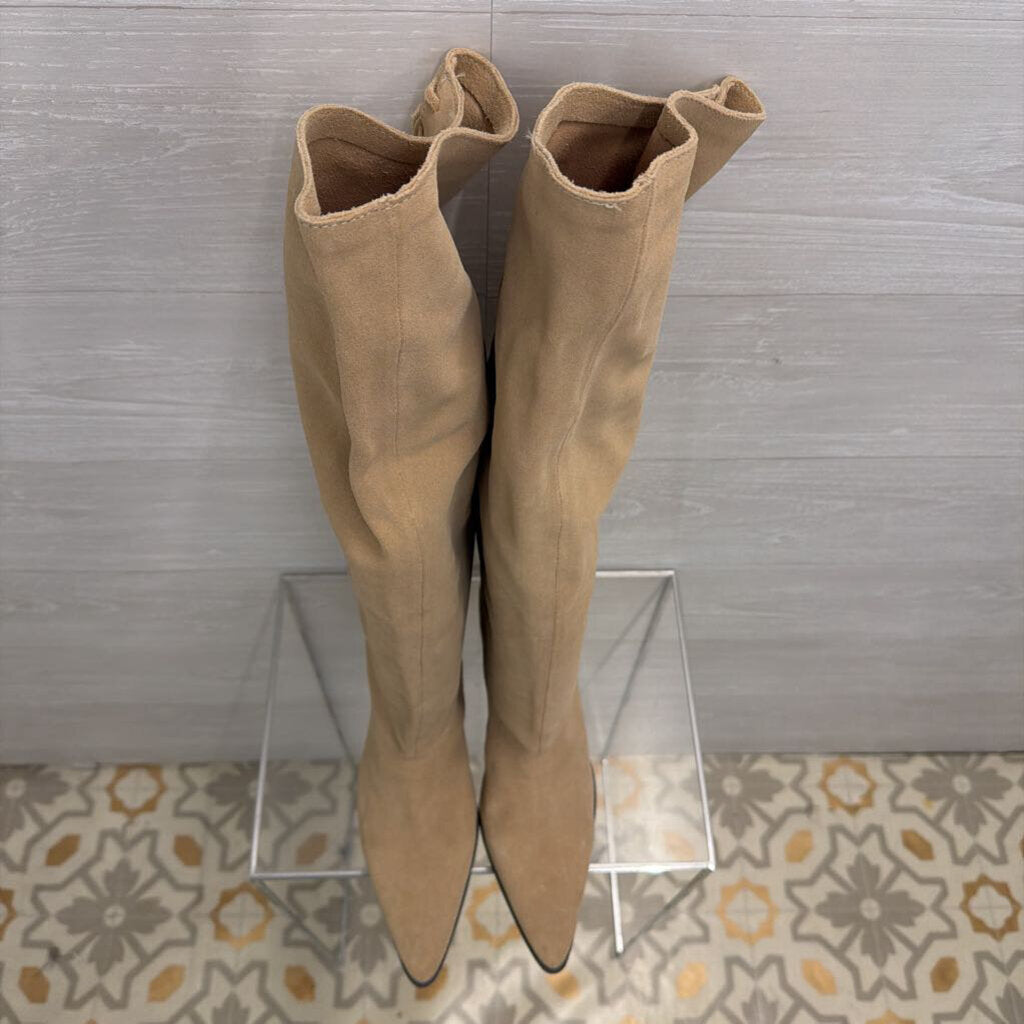 Zara Sand Beige Split Suede Leather Knee High Boots 42