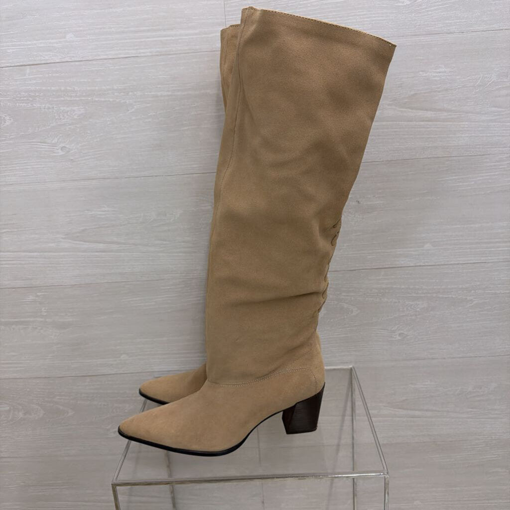 Zara Sand Beige Split Suede Leather Knee High Boots 42