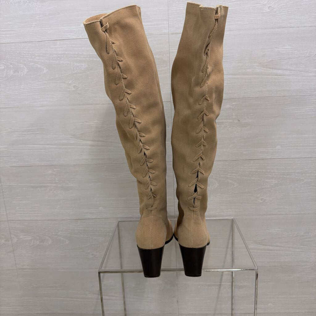 Zara Sand Beige Split Suede Leather Knee High Boots 42